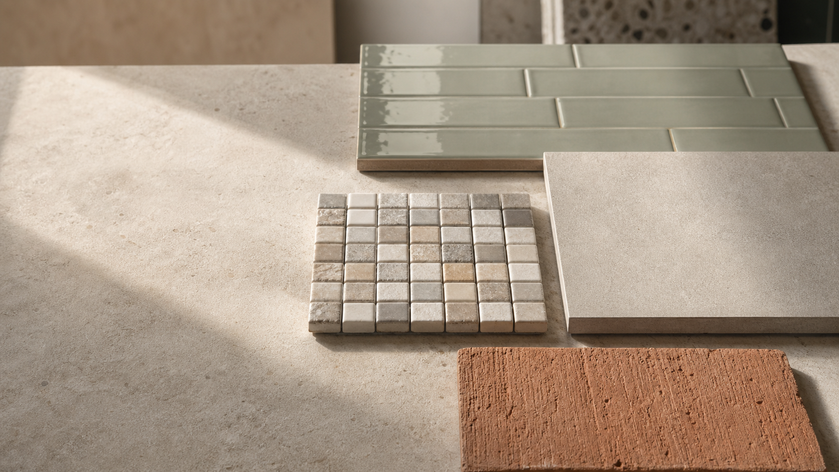 Ceramic, porcelain, mosaic, and clinker tile samples arranged on a worktable